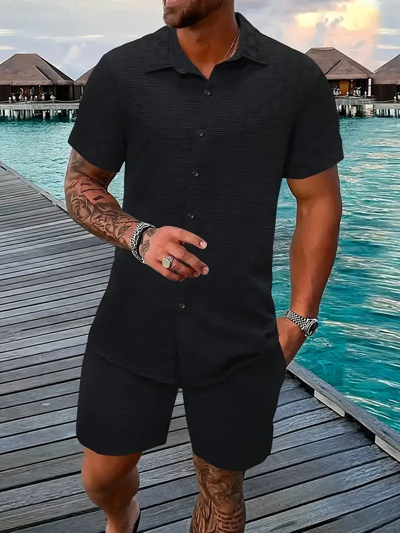 A two-piece set of jacquard black and white solid color short-sleeved men's vacation casual style shirt and shorts by Hypersku