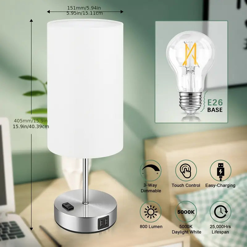 2 Pack Touch Control Table Lamps With USB Ports & AC Outlet, 3 Way Dimmable Bedside Lamps With Fabric Shades, A19 LED Bulbs Included, Perfect For Bedroom, Living Room, Reading by Anti Spier