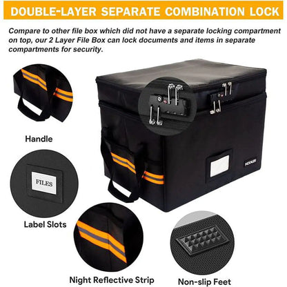 Fireproof Document Organizer with Lock, Upgraded 2 Layer File Box Organizer, Portable Office/Home Collapsible File Storage with Reflective Strip for Hanging Letter/Legal Size Folder/Certificate by Anti Spier