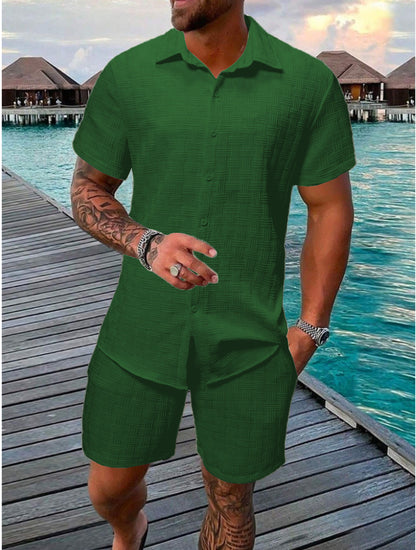 A two-piece set of jacquard black and white solid color short-sleeved men's vacation casual style shirt and shorts by Hypersku