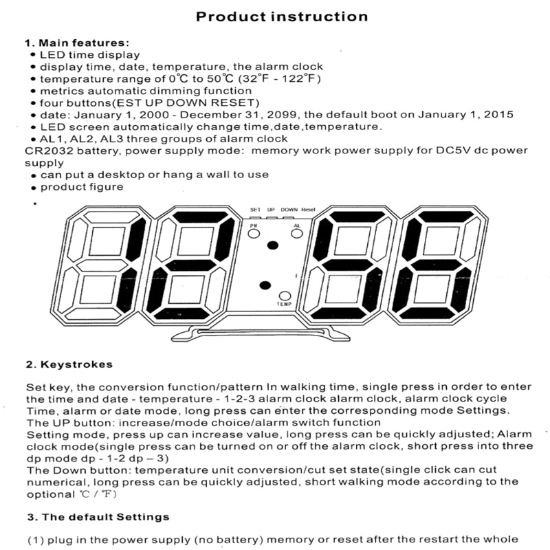 Digital 3D LED Big Wall Desk Alarm Clock Snooze 12/24 Hours Auto Brightness USB by Anti Spier