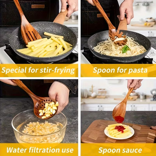 Non-Stick Cookware Set, Wooden Kitchen Utensils Kit, Heat Resistant Up to 450°F, 10pcs Pans Spatulas Slotted Wooden Kitchen Spoons, Elegant Heavy-Duty Wooden Utility Set, Cooking Tools for Baking Serving Everyday & Formal Cooking by Anti Spier