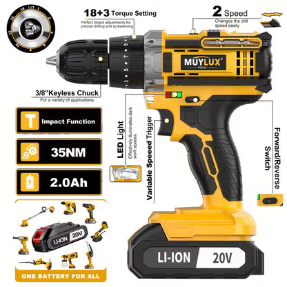 20V 2-Variable Speed Cordless Drill Set, Impact Power Drill With 3/8 Inch Keyless Chuck, 18+3 Clutch Electric Drill, Max Torque 45Nm, Work Light, 2.0AH Batteries And Fast Charger by Anti Spier