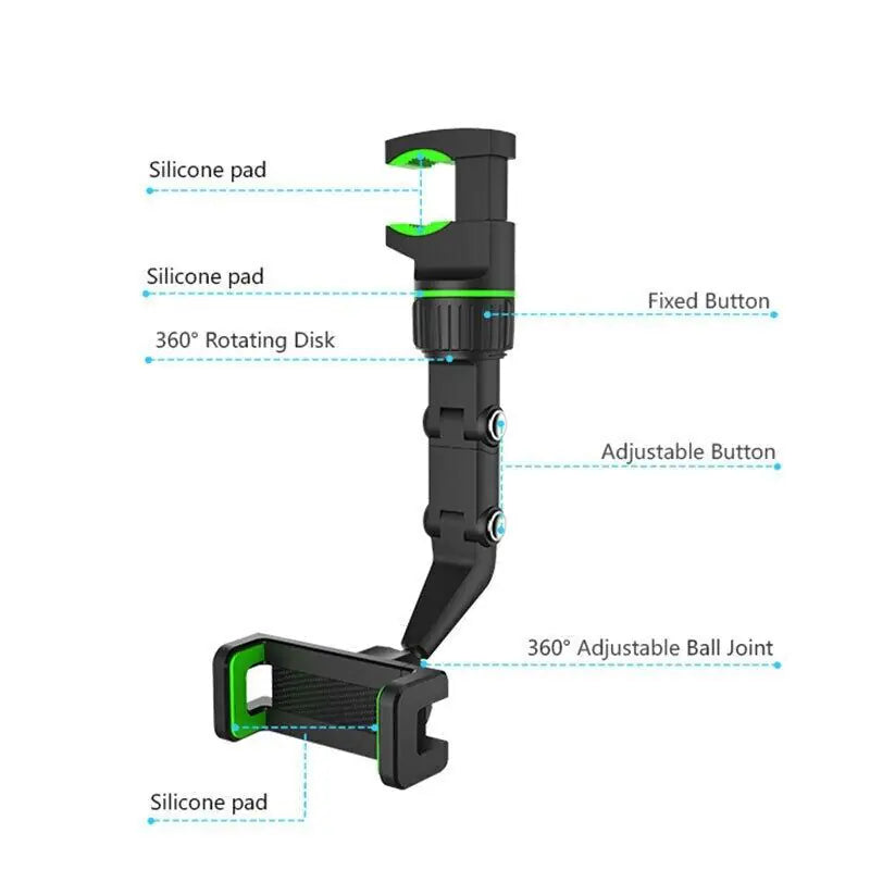 360° Car Rearview Mirror Rotation Adjustable Phone Holder Mount Multifunction by Anti Spier
