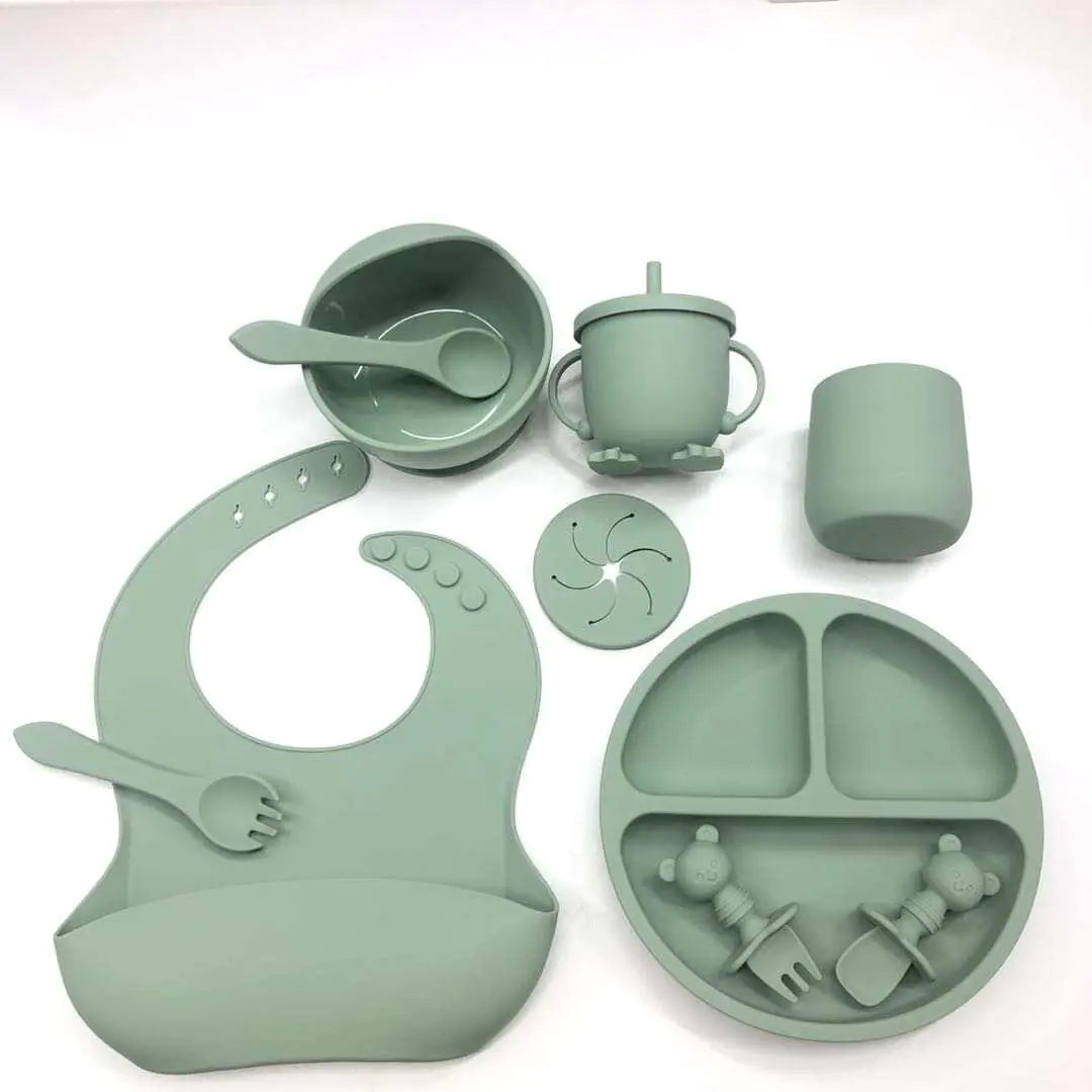 Baby Dinnerware Set Toddler Plates & Bowls | Baby Feeding Essentials Including Bib Plate Bowl Cups & Utensils | Food-Safe Silicone Material & Dishwasher Safe (Military Green) by Anti Spier