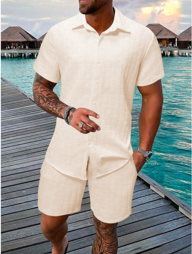 A two-piece set of jacquard black and white solid color short-sleeved men's vacation casual style shirt and shorts by Hypersku