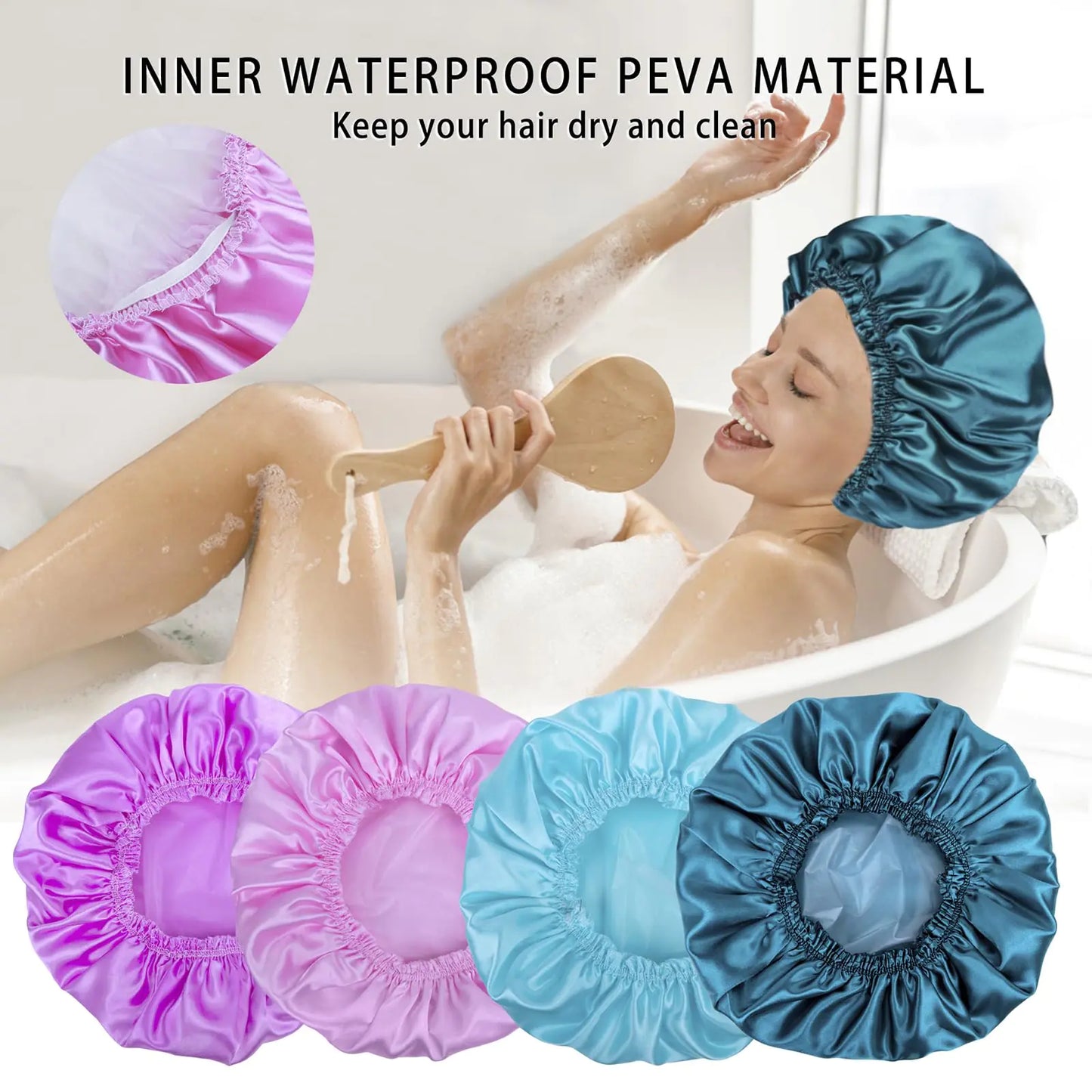 Shower Caps for Women, 4 PCS Elastic and Reusable Bath Caps, Double Waterproof Layers Shower Cap, Bathing Shower Caps, Environmental Protection Hair Bath Hat - Solid Color Solid Color 4 PCS/Set by Anti Spier