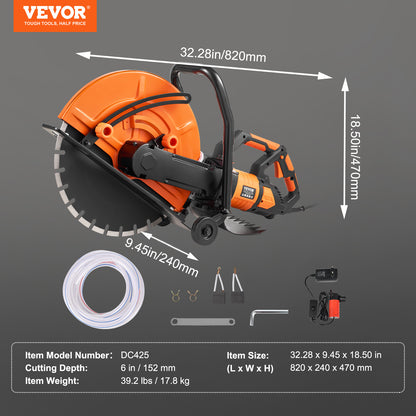 VEVOR Electric Concrete Saw, 16 In, 3200 W 15 A Motor Circular Saw Cutter With Max. 6 In Adjustable Cutting Depth, Wet Disk Saw Cutter Includes Water Line, Pump And Blade, For Stone, Brick by Anti Spier