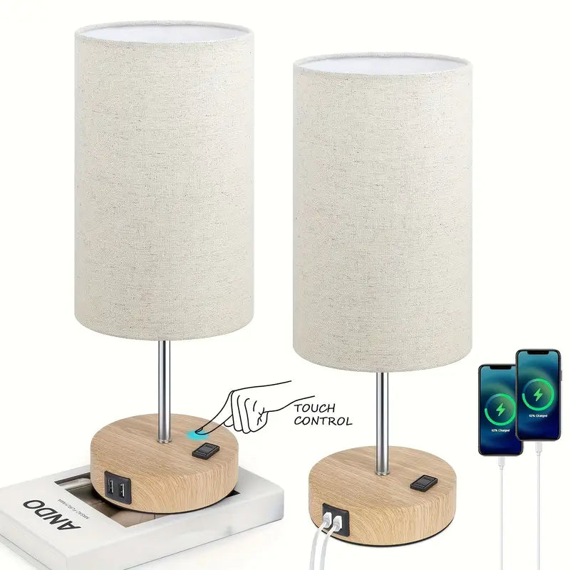 2 Pack Touch Control Table Lamps With USB Ports & AC Outlet, 3 Way Dimmable Bedside Lamps With Fabric Shades, A19 LED Bulbs Included, Perfect For Bedroom, Living Room, Reading by Anti Spier