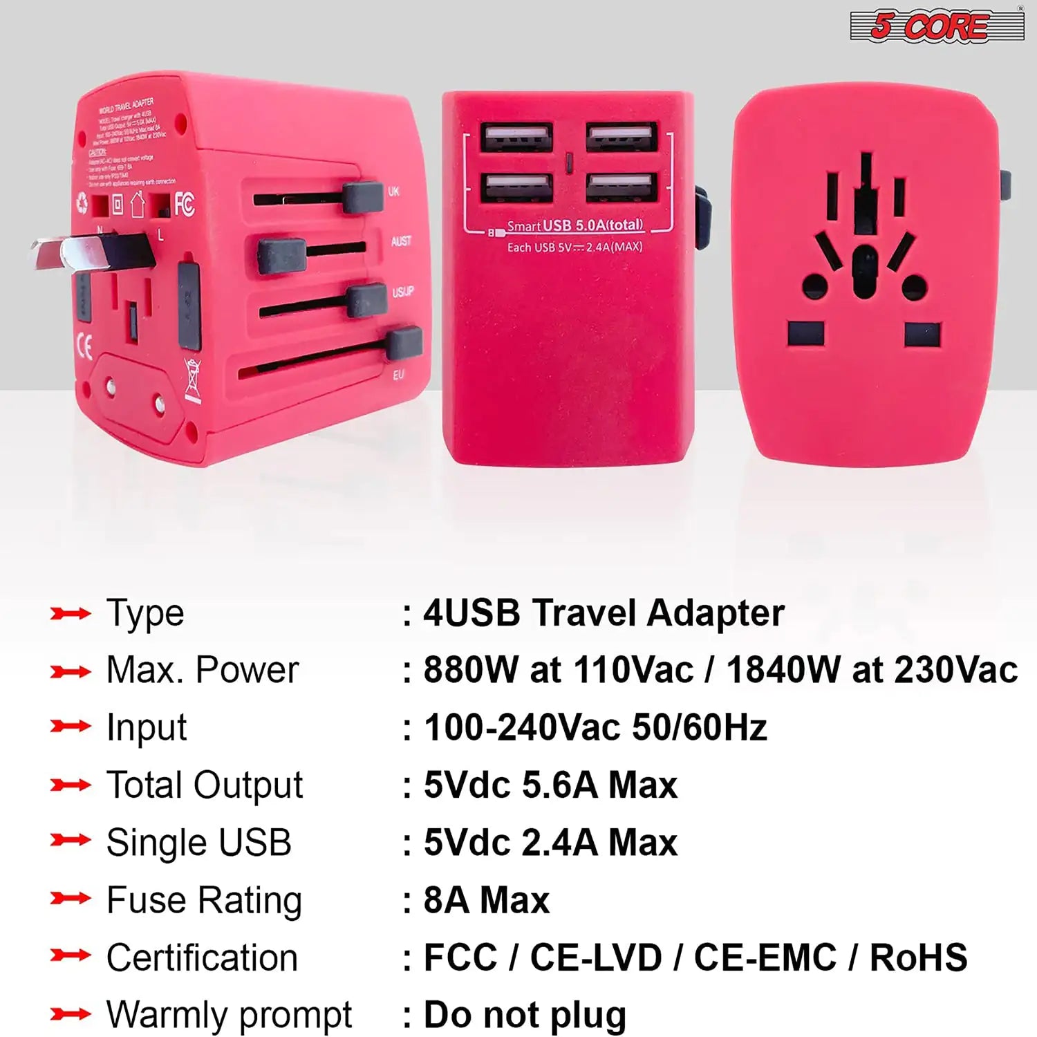 Universal Travel Adapter International Power Adapters 3 Pack Multicharger Plug w 4 USB Ports by Anti Spier
