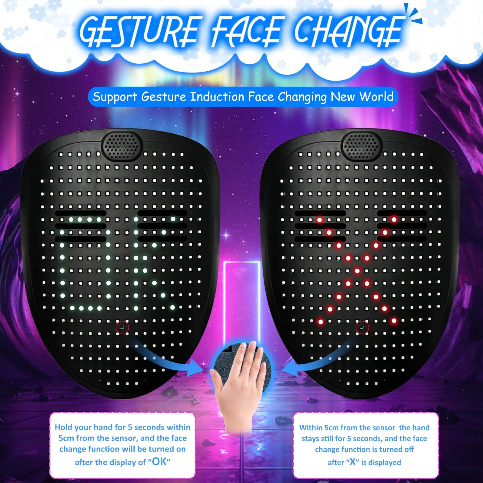 Depointer Life Led Mask with Gesture Sensing,Unisex LED Lighted Face Transforming Mask for Costume Cosplay Party Masquerade Music Mask Rechargeable by Anti Spier