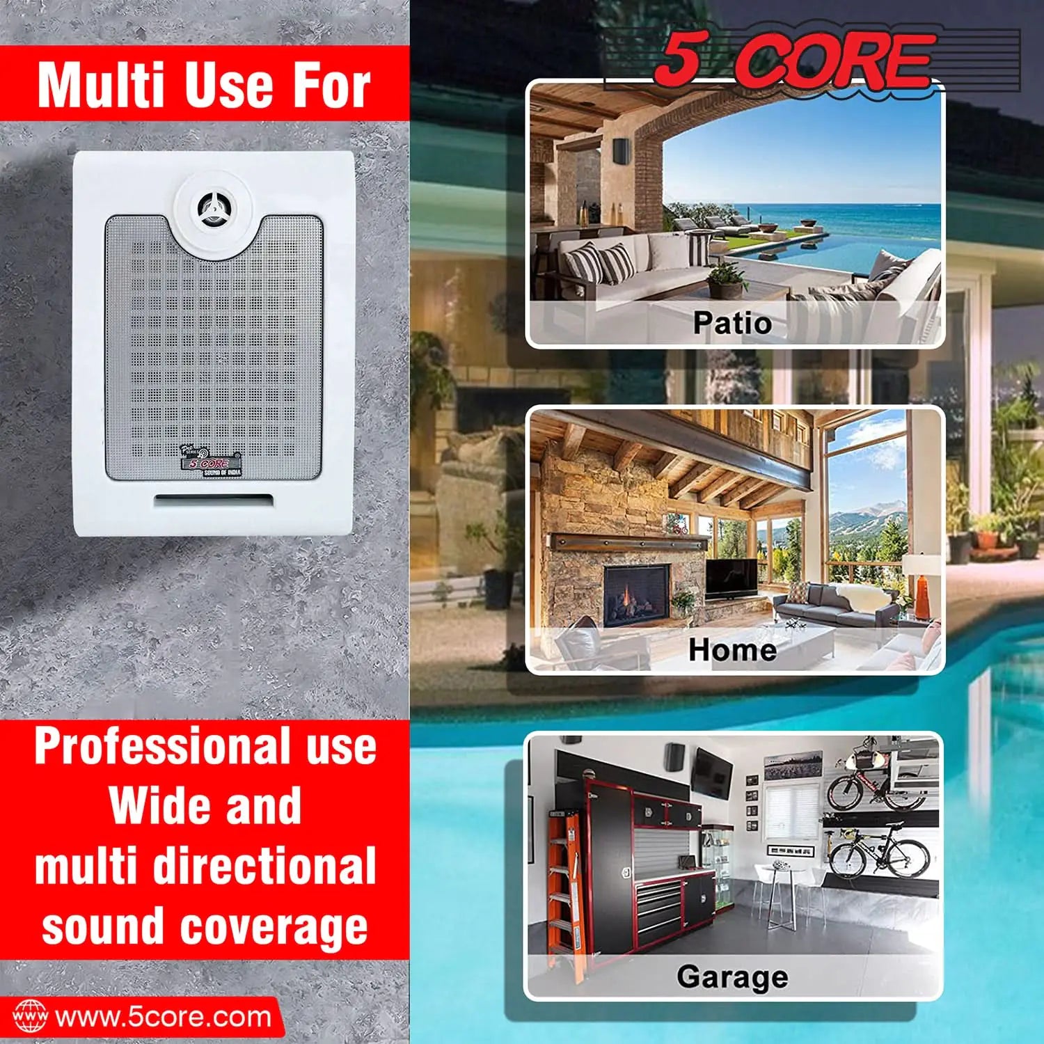 5Core Outdoor Speakers Stereo In Wall 500W Peak Passive Home Audio System by Anti Spier