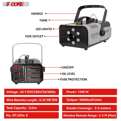 5Core Fog Smoke Machine 1200W Low Lying Indoor Outdoor 1L Fog Maker with LED Lights by Anti Spier