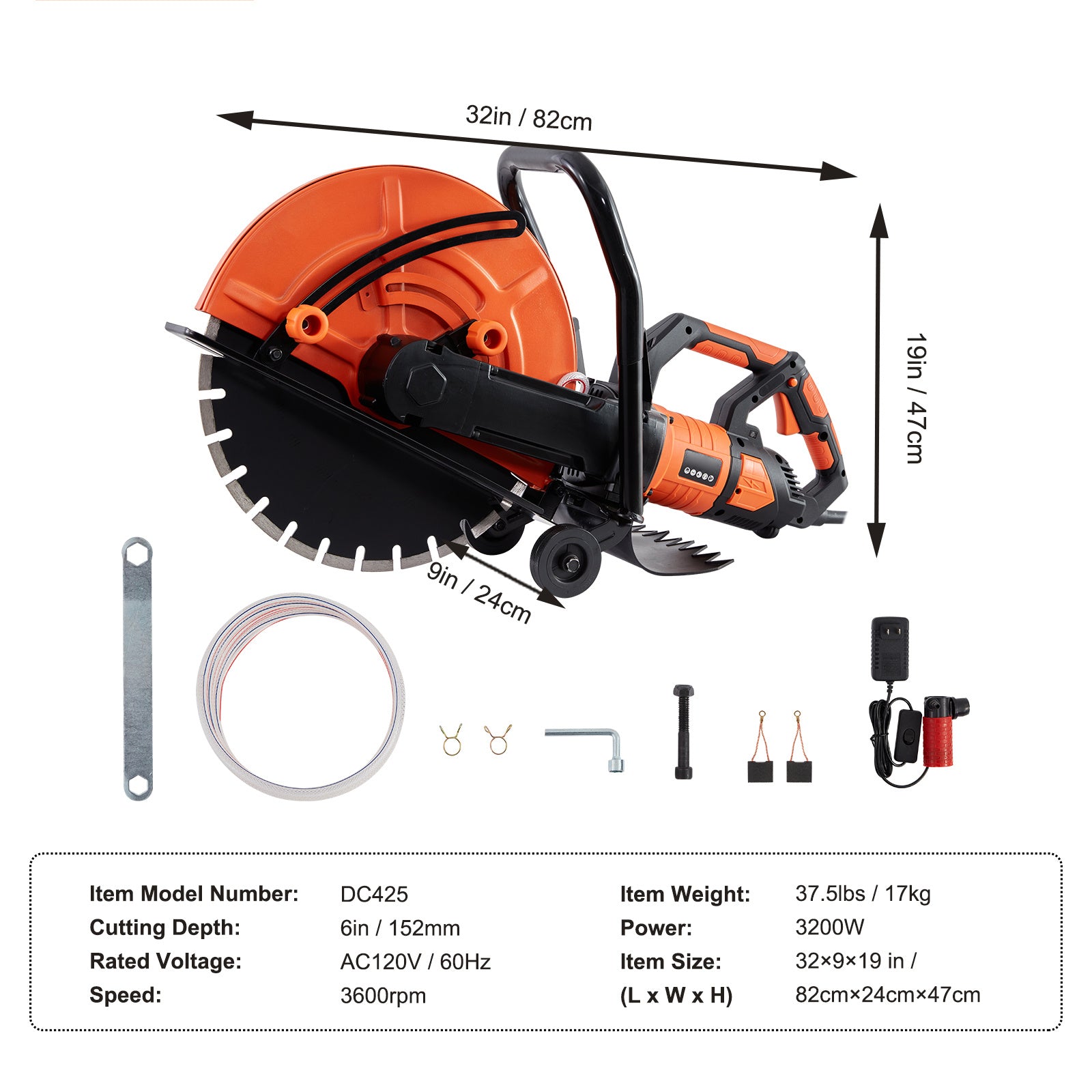 VEVOR Electric Concrete Saw, 16 In, 3200 W 15 A Motor Circular Saw Cutter With Max. 6 In Adjustable Cutting Depth, Wet Disk Saw Cutter Includes Water Line, Pump And Blade, For Stone, Brick by Anti Spier