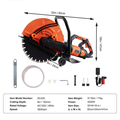 VEVOR Electric Concrete Saw, 16 In, 3200 W 15 A Motor Circular Saw Cutter With Max. 6 In Adjustable Cutting Depth, Wet Disk Saw Cutter Includes Water Line, Pump And Blade, For Stone, Brick by Anti Spier