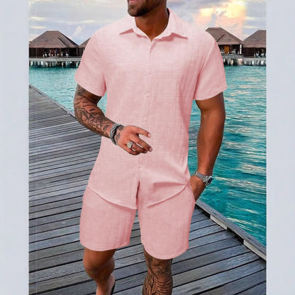 A two-piece set of jacquard black and white solid color short-sleeved men's vacation casual style shirt and shorts by Hypersku
