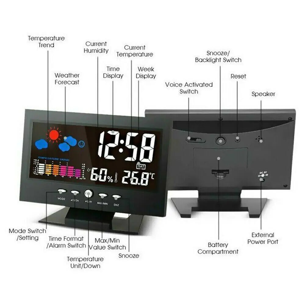 LED Digital Alarm Clock Snooze Calendar Thermometer Hygrometer Weather Display by Anti Spier