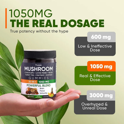 Purawex Mushroom Gummies, 20 in 1 Mushroom Complex 1050 MG, Cordyceps, Reishi, by Anti Spier