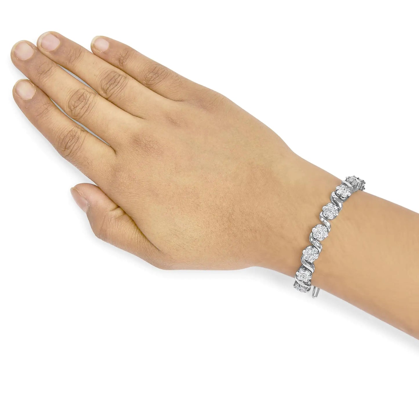 14K White Gold 7 3/8 Cttw Round Brilliant Diamond Floral Cluster and S Link Bracelet (H-I Color, SI2-I1 Clarity) - 7" Inches by Anti Spier
