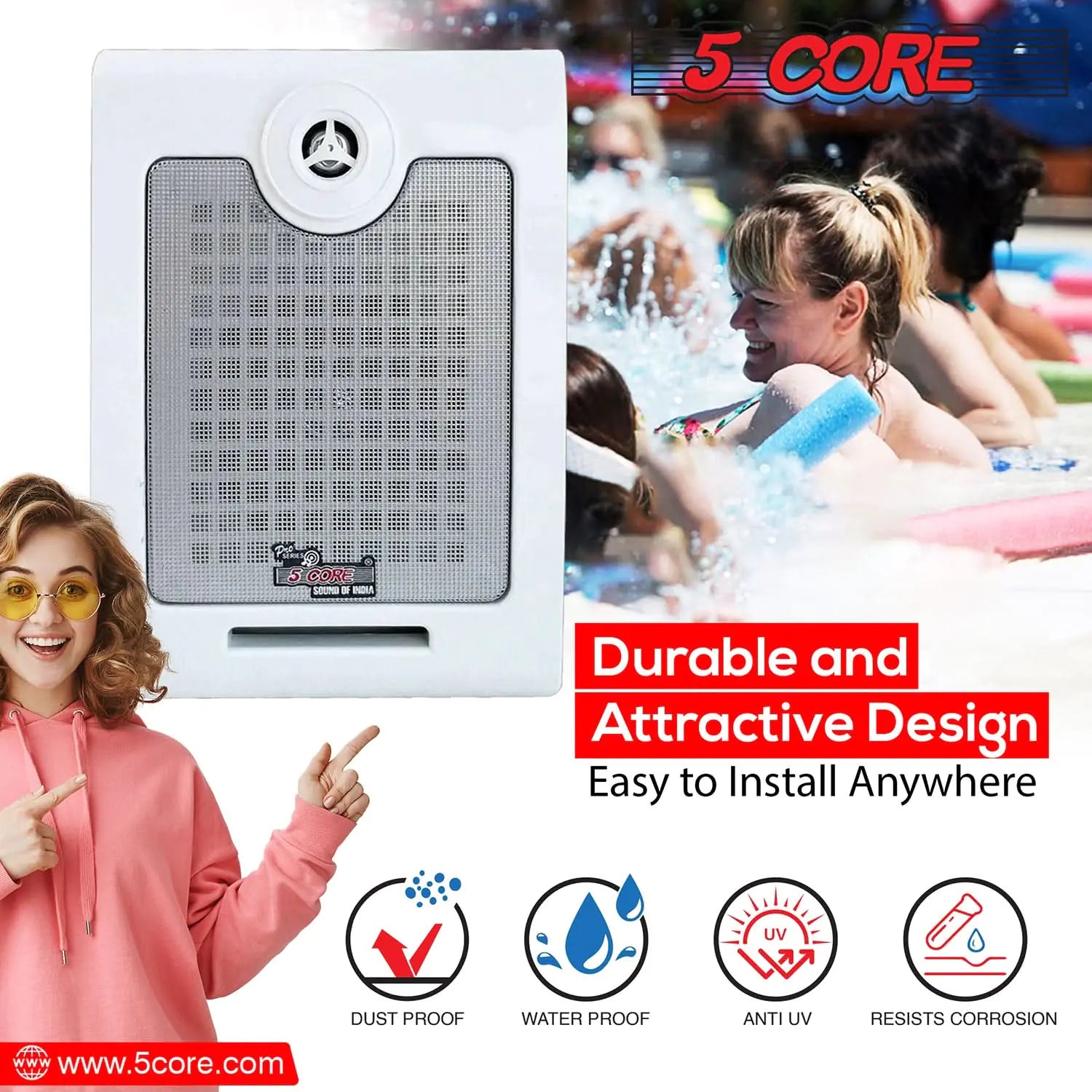 5Core Outdoor Speakers Stereo In Wall 500W Peak Passive Home Audio System by Anti Spier