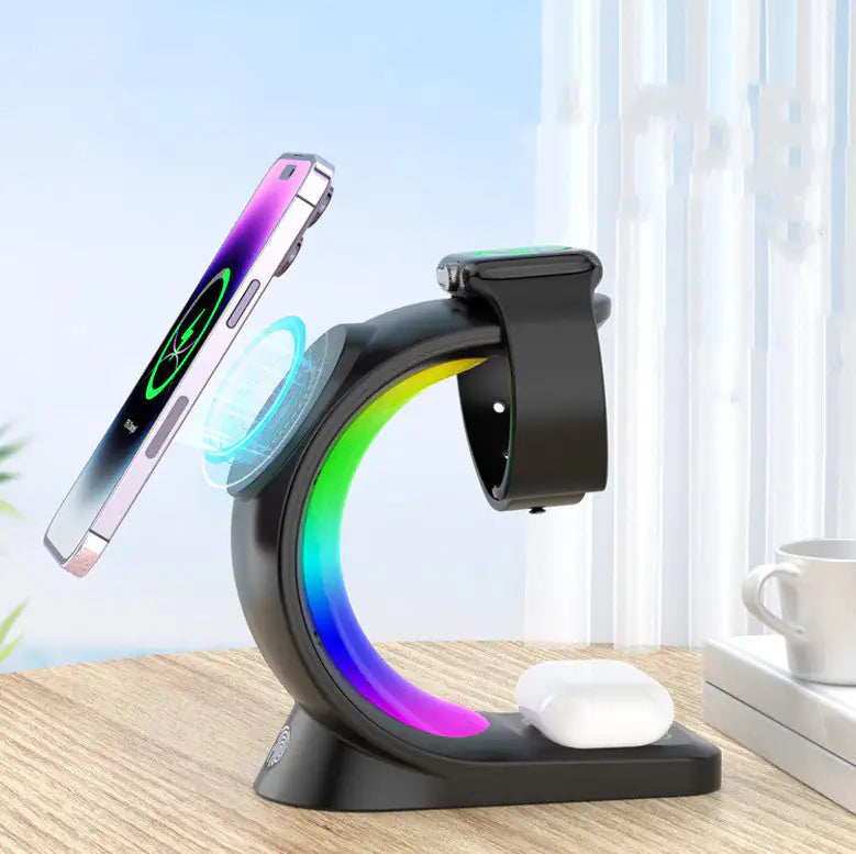 4 In 1 Magnetic Wireless Charger Fast Charging For Smart Phone Atmosphere Light Charging Station For Airpods Pro I-phone Watch by Anti Spier