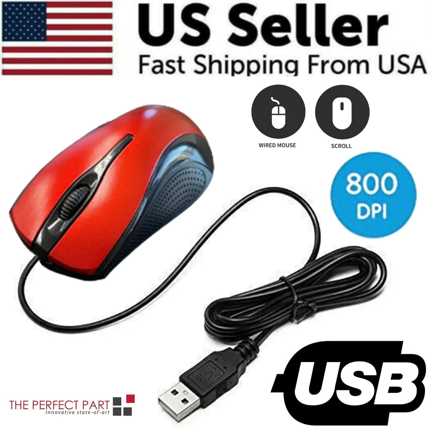 USB 2.0 Optical Wired Scroll Wheel Mouse For PC Laptop Notebook Desktop Red Mice by Anti Spier