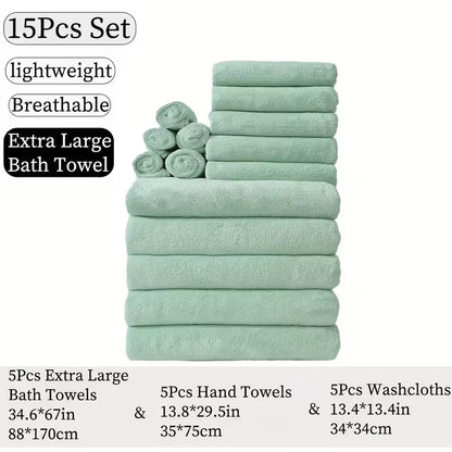 15pcs Bulk Bath & Hand Towel Set - Large 300GSM Microfiber Towels (5 Bath, 5 Hand, 5 Washcloths) - Heavy-Duty, Quick-Dry & Highly Absorbent for, Spa, Hotel - Multi-Color Options by Anti Spier