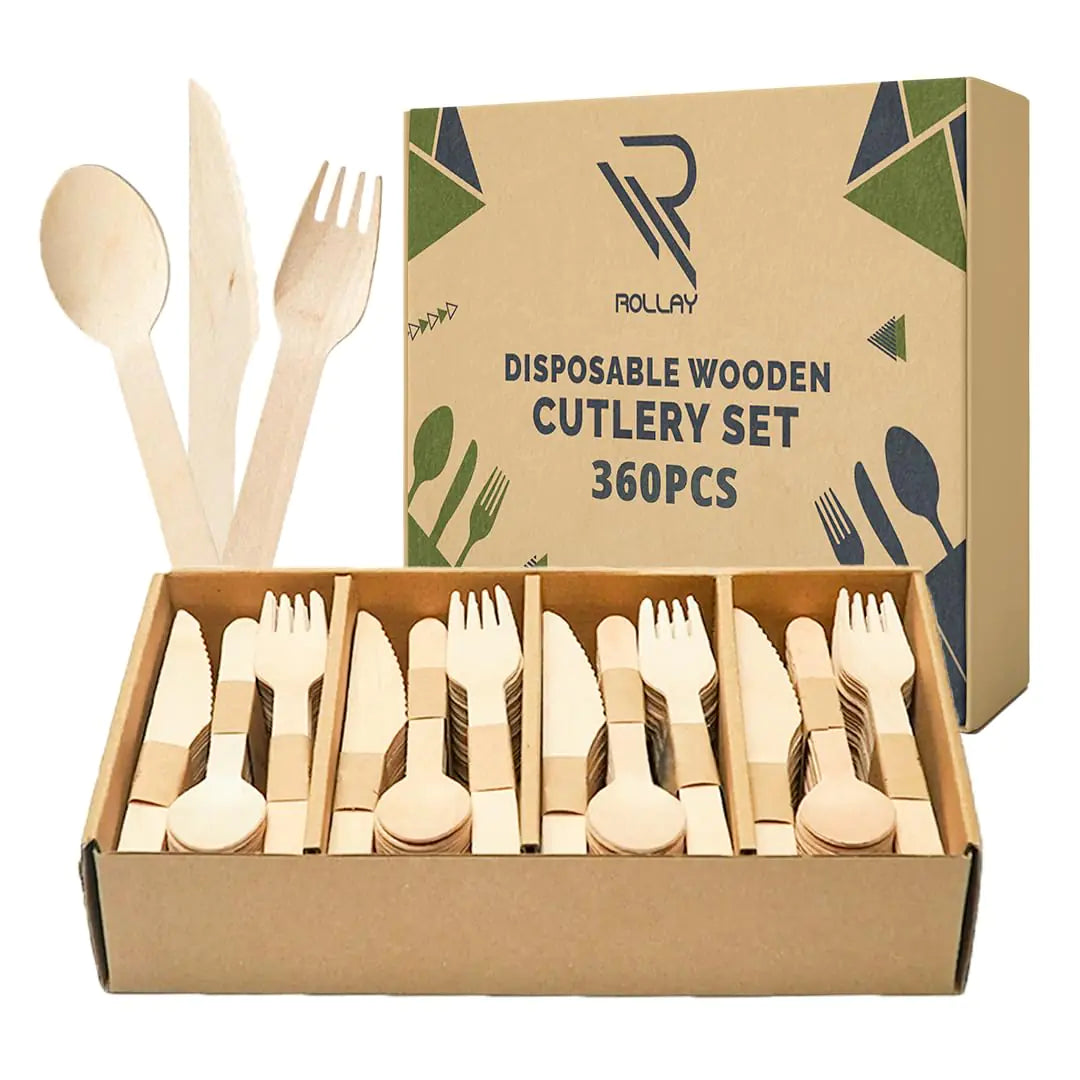 Rollay 360 PCS Disposable Wooden Cutlery Set - Biodegradable Cutlery Set with Wooden Spoons Forks and Knives - Compostable Cutlery Wooden Utensils for Parties Camping and Picnic by Anti Spier