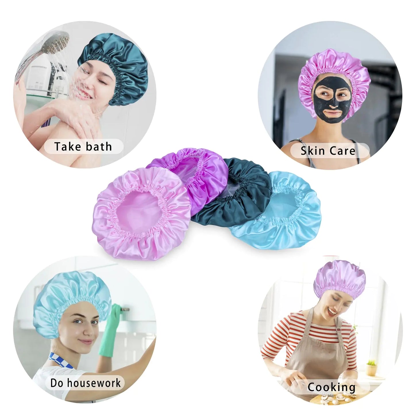 Shower Caps for Women, 4 PCS Elastic and Reusable Bath Caps, Double Waterproof Layers Shower Cap, Bathing Shower Caps, Environmental Protection Hair Bath Hat - Solid Color Solid Color 4 PCS/Set by Anti Spier