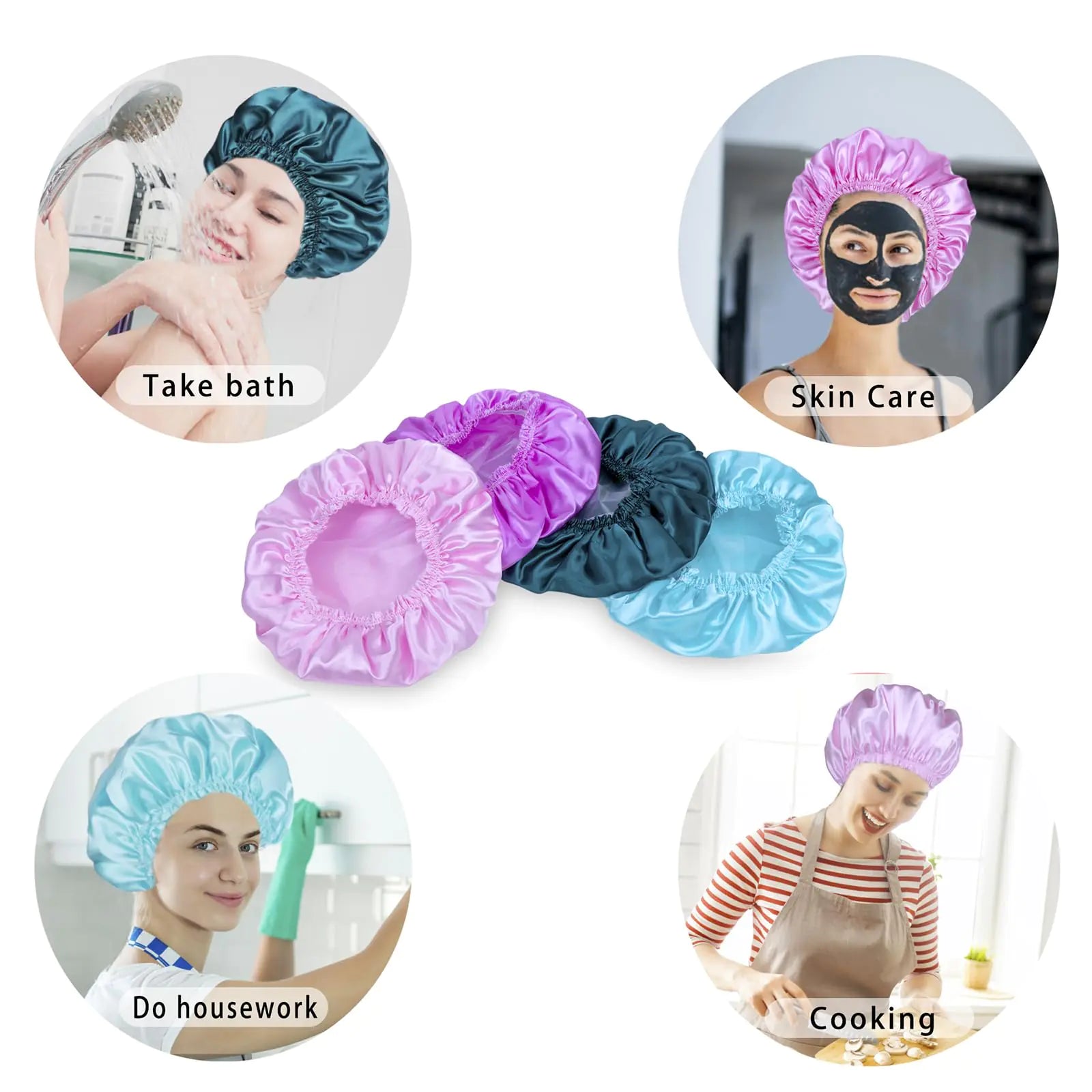 Shower Caps for Women, 4 PCS Elastic and Reusable Bath Caps, Double Waterproof Layers Shower Cap, Bathing Shower Caps, Environmental Protection Hair Bath Hat - Solid Color Solid Color 4 PCS/Set by Anti Spier