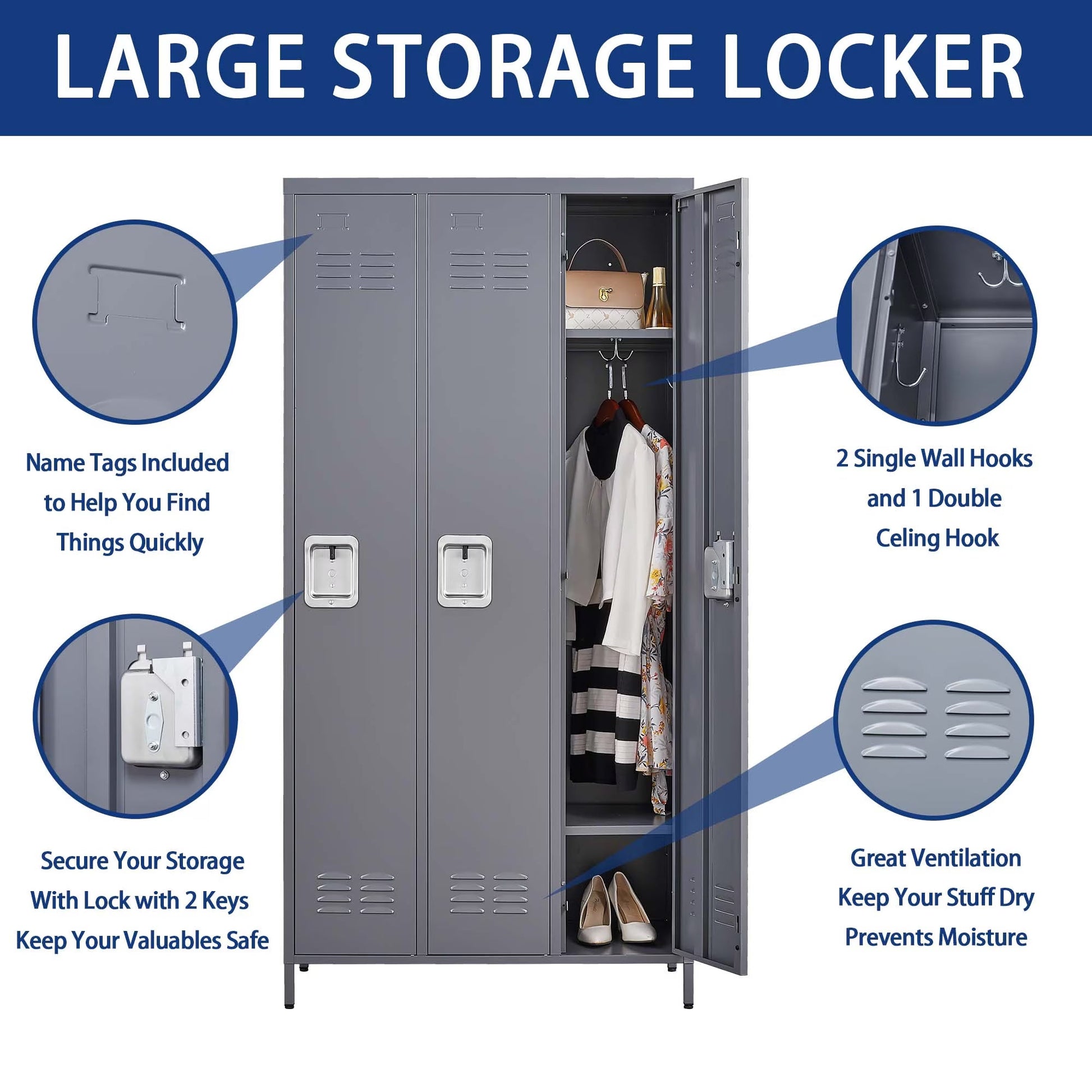 3 Employee Metal Lockers With 72 Inch High Locks, Home Gym Office, School Garage Lockers, Gray by Anti Spier