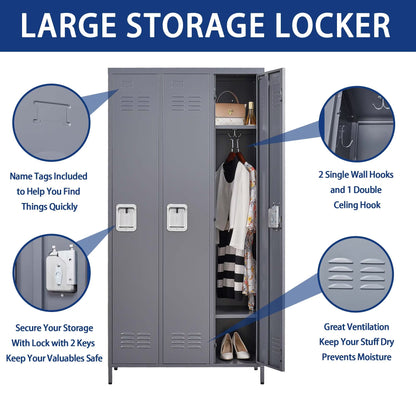 3 Employee Metal Lockers With 72 Inch High Locks, Home Gym Office, School Garage Lockers, Gray by Anti Spier