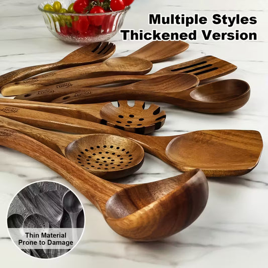 Non-Stick Cookware Set, Wooden Kitchen Utensils Kit, Heat Resistant Up to 450°F, 10pcs Pans Spatulas Slotted Wooden Kitchen Spoons, Elegant Heavy-Duty Wooden Utility Set, Cooking Tools for Baking Serving Everyday & Formal Cooking by Anti Spier