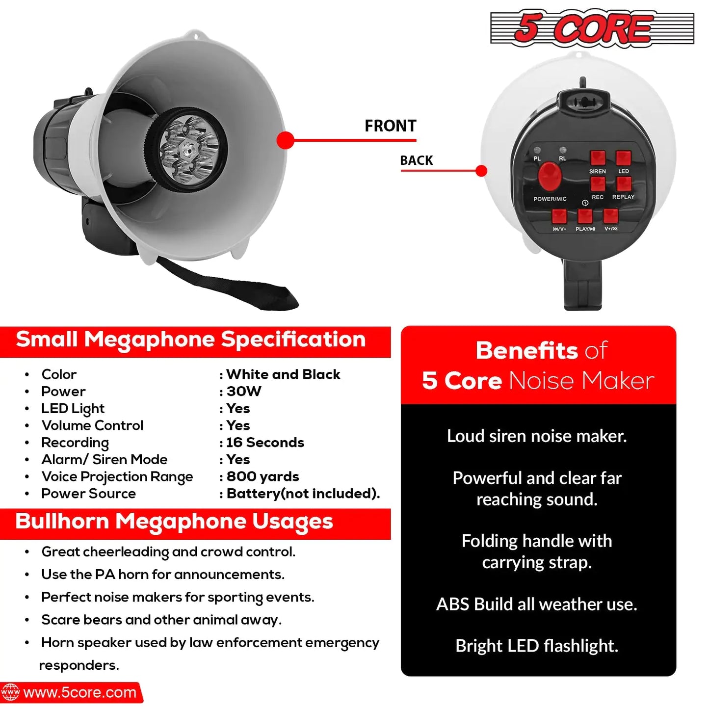 5Core Megaphone Bullhorn Speaker 30W LED Bull Horn Battery Power Cheer Megafono 800 Yard by Anti Spier