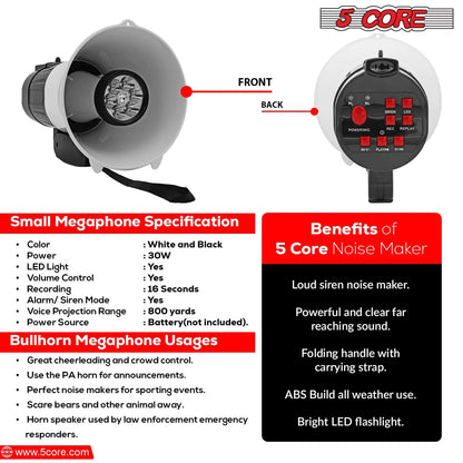 5Core Megaphone Bullhorn Speaker 30W LED Bull Horn Battery Power Cheer Megafono 800 Yard by Anti Spier