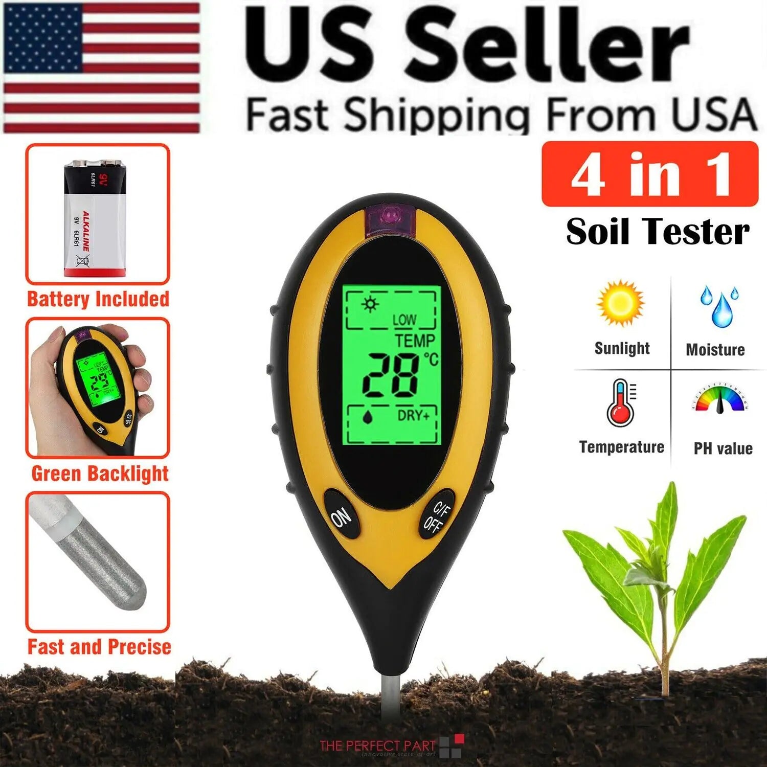 4 In 1 LCD Digital Soil Tester PH Water Moisture Temperature Sunlight Plant Test by Anti Spier