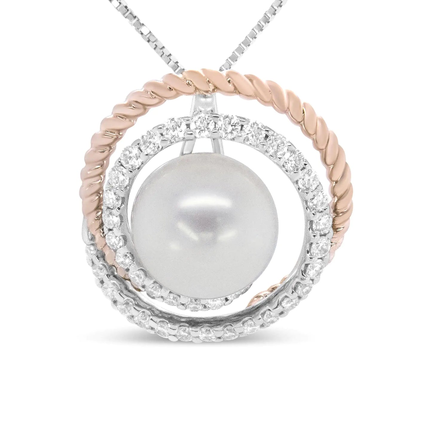 14K Rose and White Gold 3/8 Cttw Pave Diamond and 9mm Round Pearl Spiral Openwork 18" Pendant Necklace- (H-I Color, VS1-VS2 Clarity) by Anti Spier