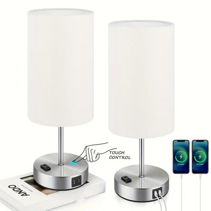 2 Pack Touch Control Table Lamps With USB Ports & AC Outlet, 3 Way Dimmable Bedside Lamps With Fabric Shades, A19 LED Bulbs Included, Perfect For Bedroom, Living Room, Reading by Anti Spier