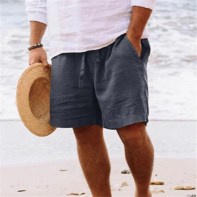 Men's shorts cotton hemp summer drawstring elastic waist straight legs Solid color comfortable breathable short daily beach by Hypersku
