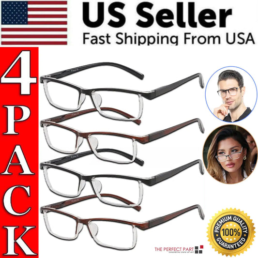 4 Pack Reading Glasses Readers Men Women Square Frame Spring Hinge Unisex Pairs by Anti Spier