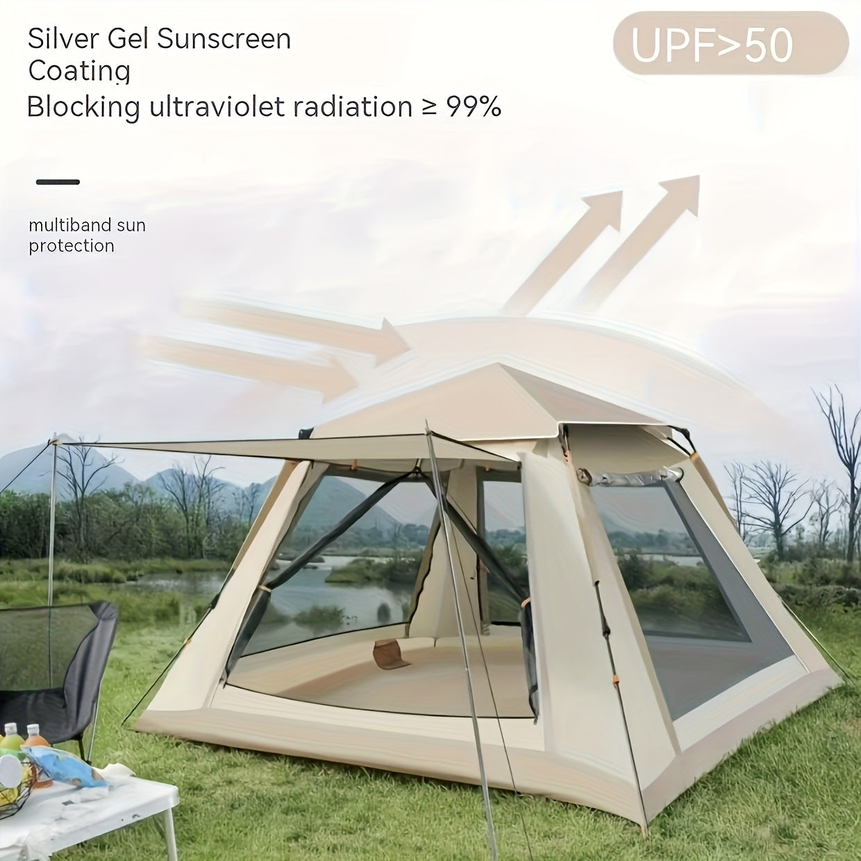 3-4 Person Family Camping Tent with Canopy - Quick Setup, Windproof, All-Season Design with Mosquito Netting & UV Protection, Durable Oxford Fabric, Beige Multi-Band Sunshade, Ideal for Outdoor Advent by Dropsure