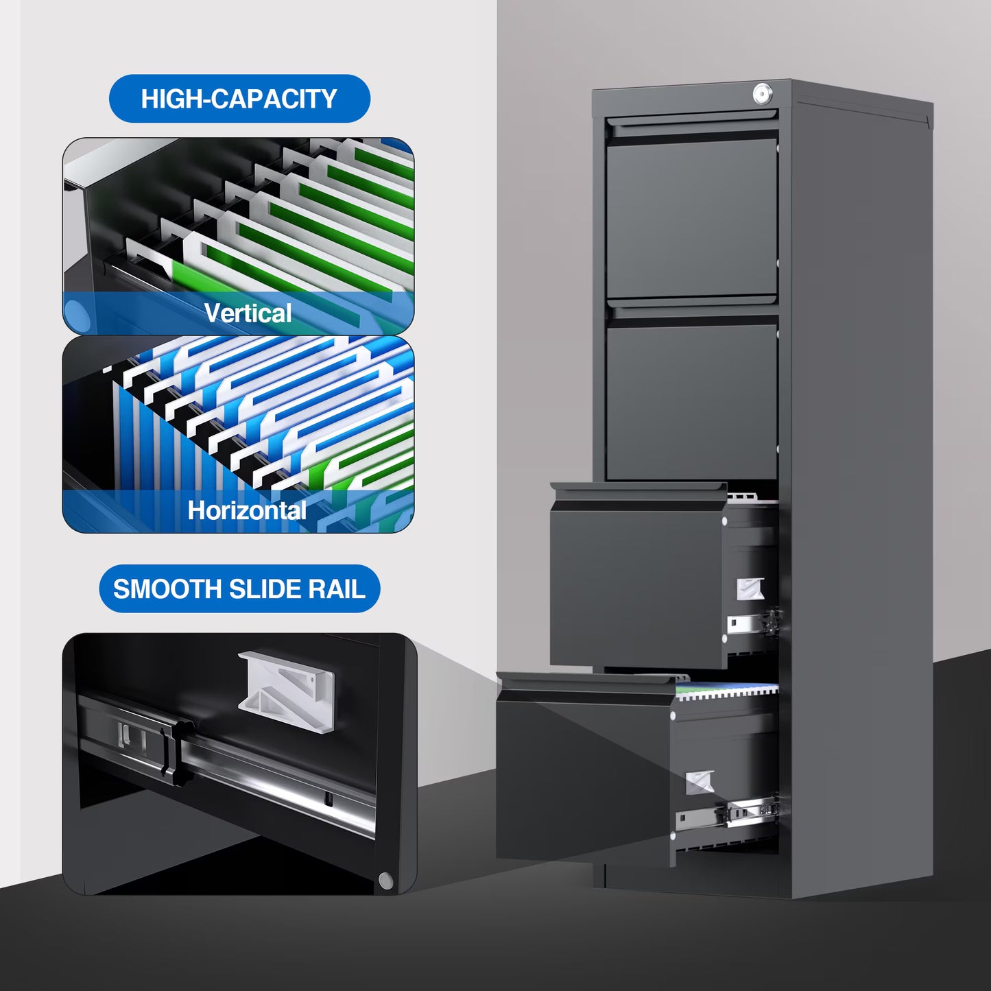 4 Drawer File Cabinet, Metal Vertical File Storage Cabinet With Lock, Office Home Steel File Cabinet For A4 Letter Legal Size, 14.96inch W X 17.72inch D X 52.36inch H, Assembly Required Black by Anti Spier