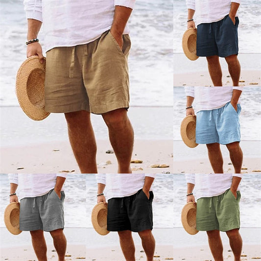 Men's shorts cotton hemp summer drawstring elastic waist straight legs Solid color comfortable breathable short daily beach by Hypersku