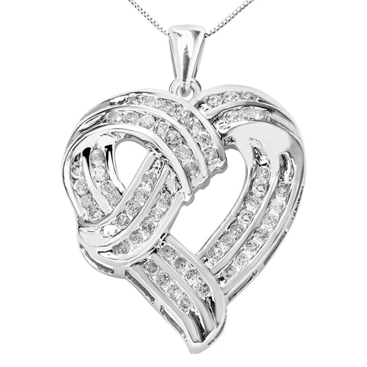 .925 Sterling Silver 1 1/4 Cttw Round Diamond Openwork Ribbon Weave Heart Pendant 18" Necklace (I-J Color, I3 Clarity) by Anti Spier
