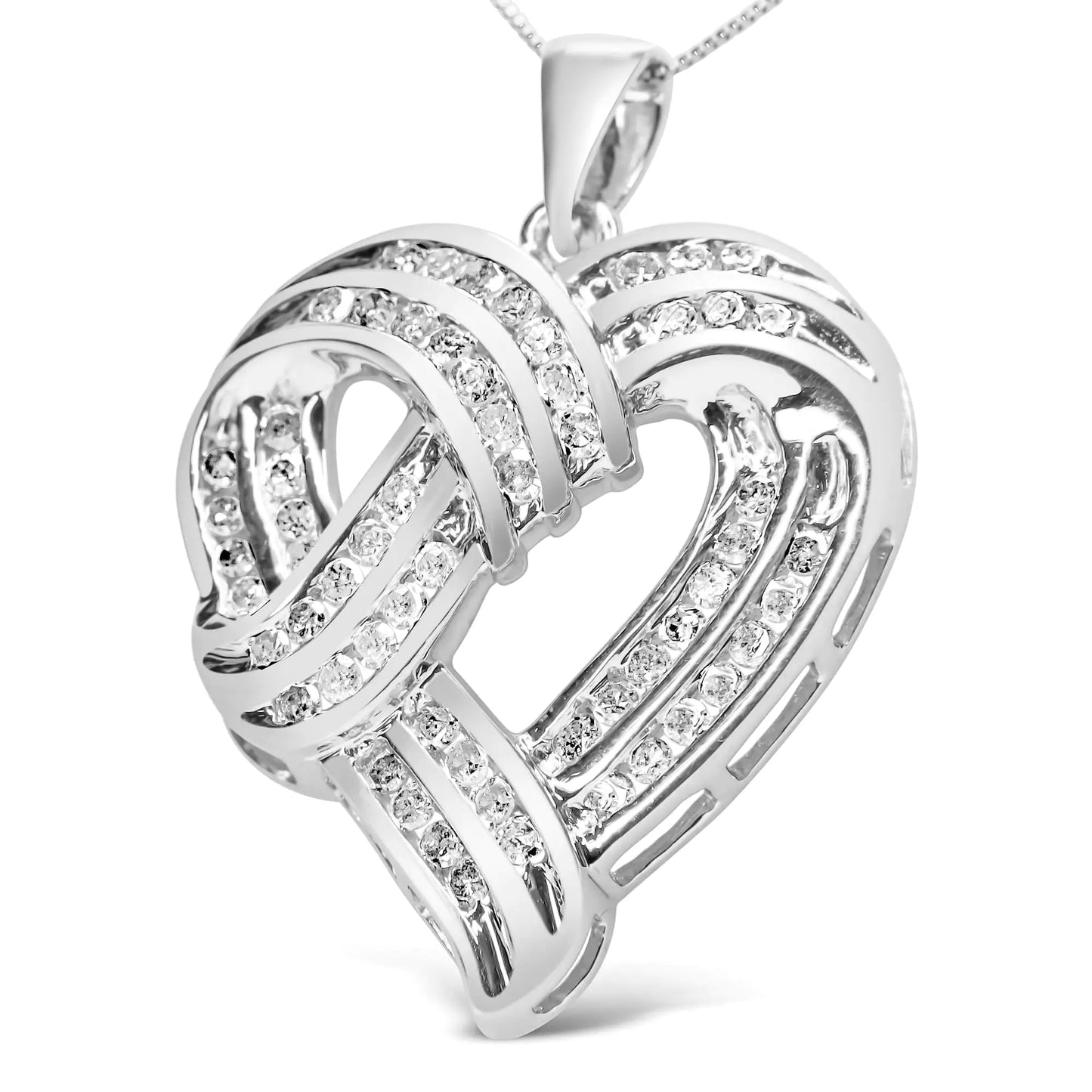 .925 Sterling Silver 1 1/4 Cttw Round Diamond Openwork Ribbon Weave Heart Pendant 18" Necklace (I-J Color, I3 Clarity) by Anti Spier