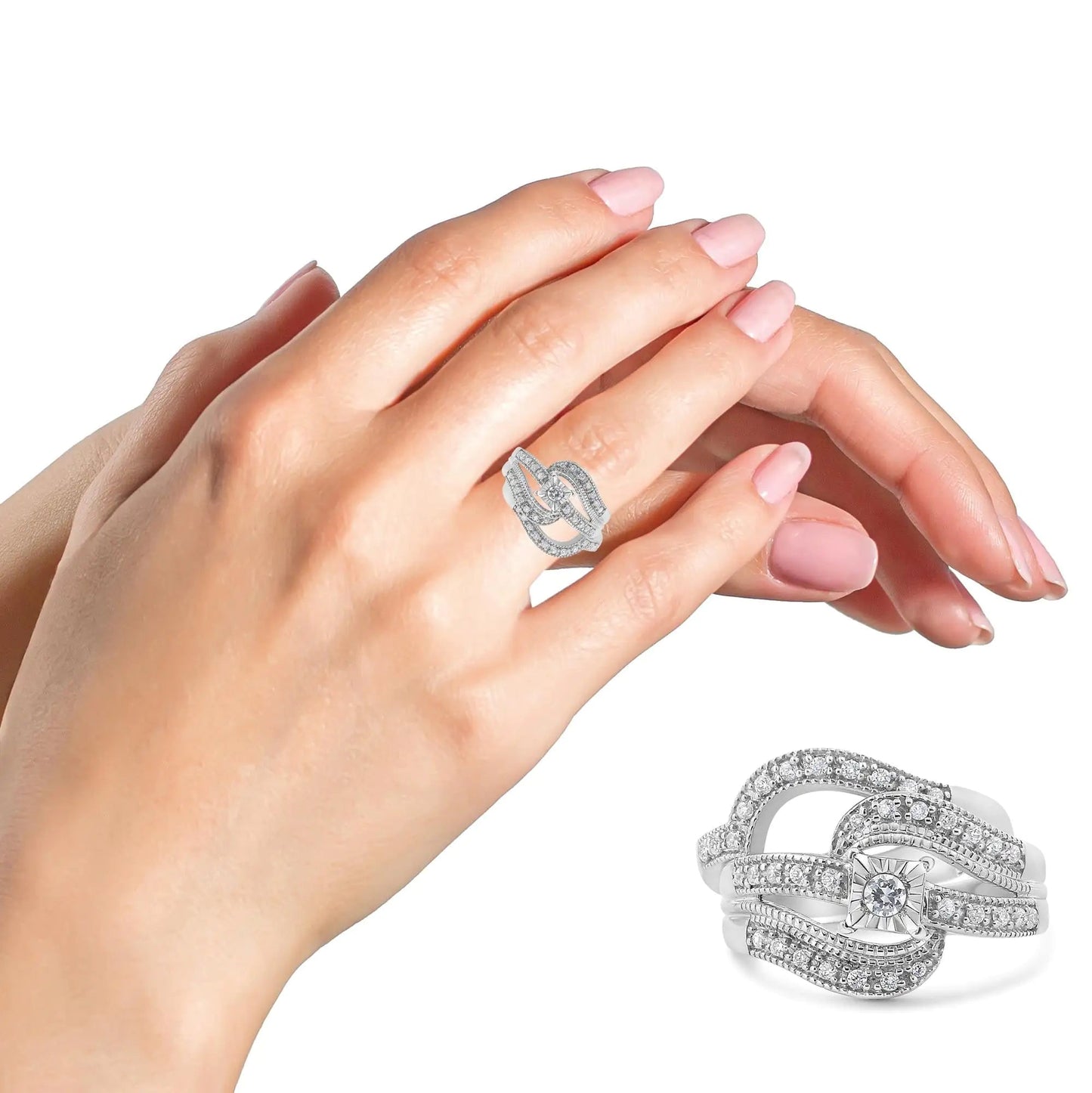 .925 Sterling Silver 1/3 Cttw Round Diamond Crisscross Engagement Ring Bridal Set (H-I Color, I1-I2 Clarity ) by Anti Spier