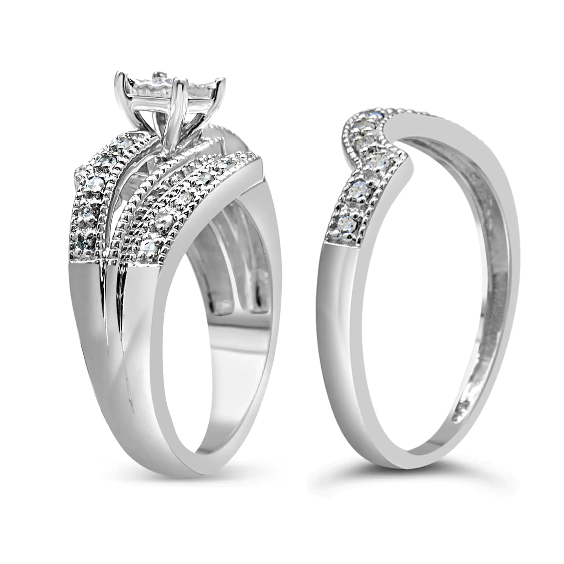.925 Sterling Silver 1/3 Cttw Round Diamond Crisscross Engagement Ring Bridal Set (H-I Color, I1-I2 Clarity ) by Anti Spier