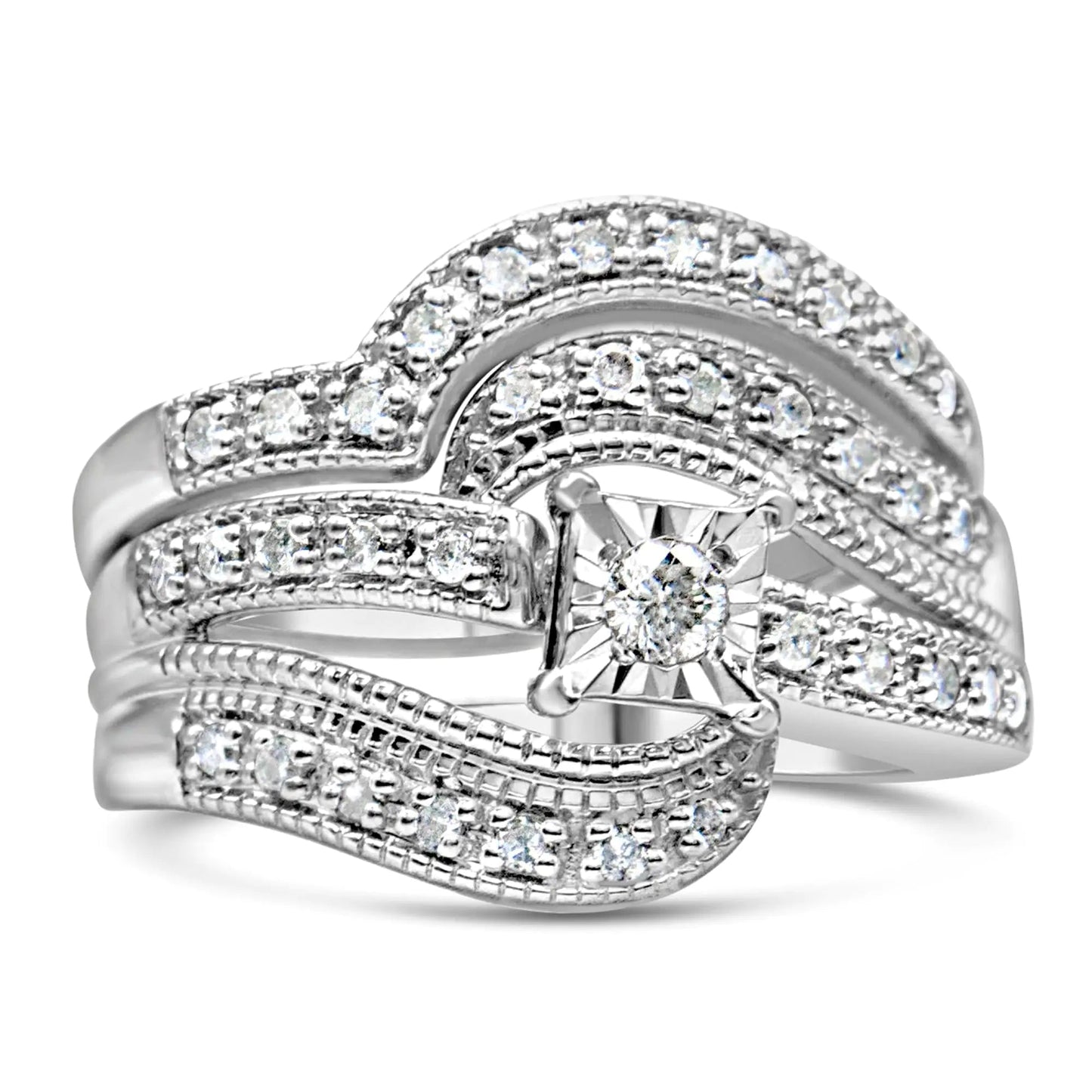 .925 Sterling Silver 1/3 Cttw Round Diamond Crisscross Engagement Ring Bridal Set (H-I Color, I1-I2 Clarity ) by Anti Spier