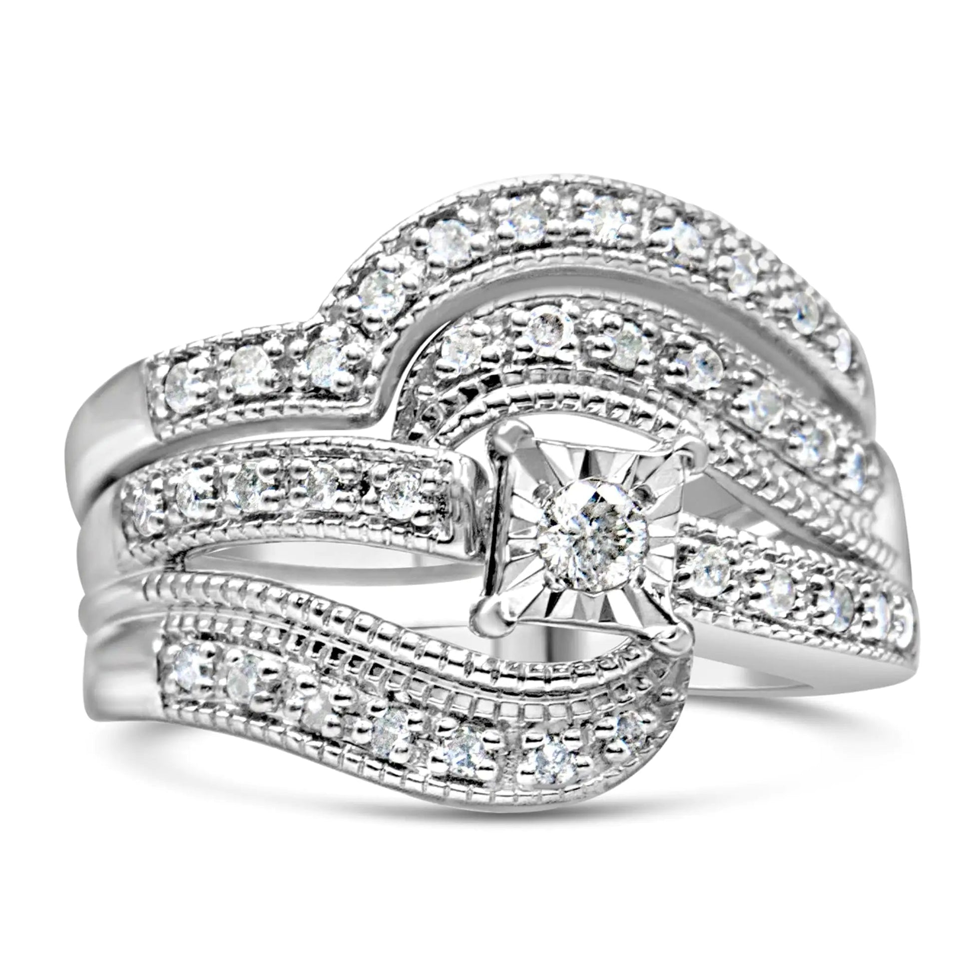 .925 Sterling Silver 1/3 Cttw Round Diamond Crisscross Engagement Ring Bridal Set (H-I Color, I1-I2 Clarity ) by Anti Spier