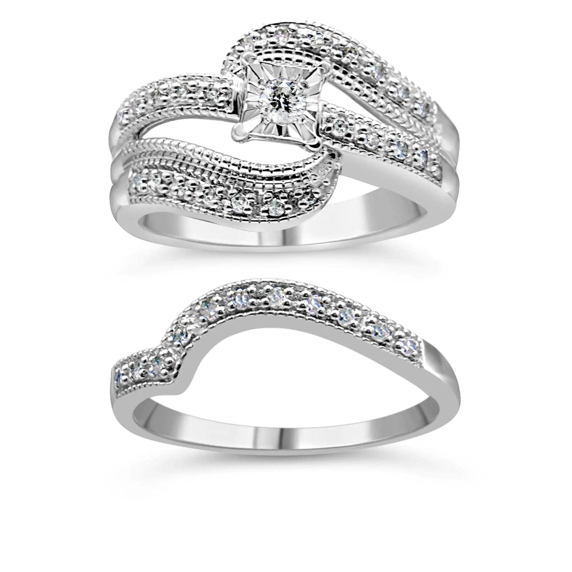 .925 Sterling Silver 1/3 Cttw Round Diamond Crisscross Engagement Ring Bridal Set (H-I Color, I1-I2 Clarity ) by Anti Spier
